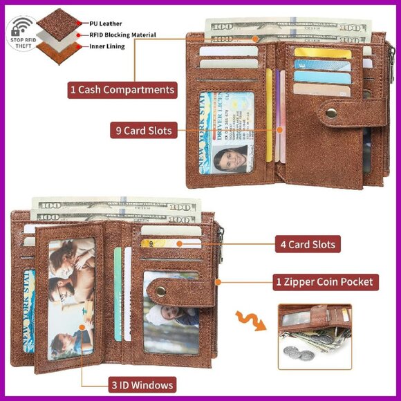 Compact RFID Leather Bifold Wallet with 13 Card Slots & 3 ID Windows - Picture 2 of 7